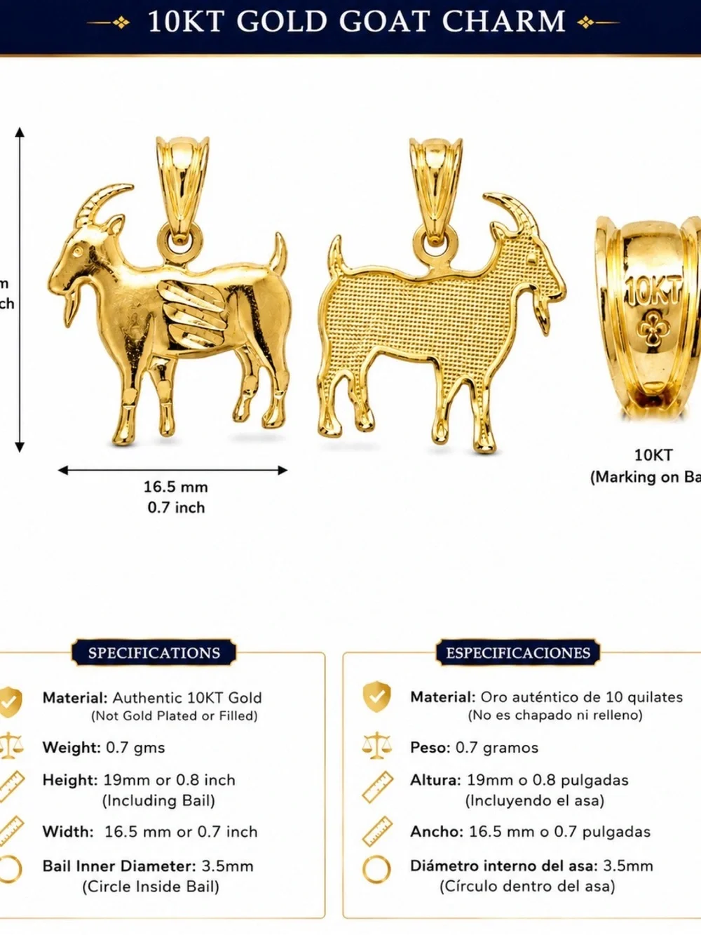 10KT Gold Goat Charm Pendant - Polished Goat Design